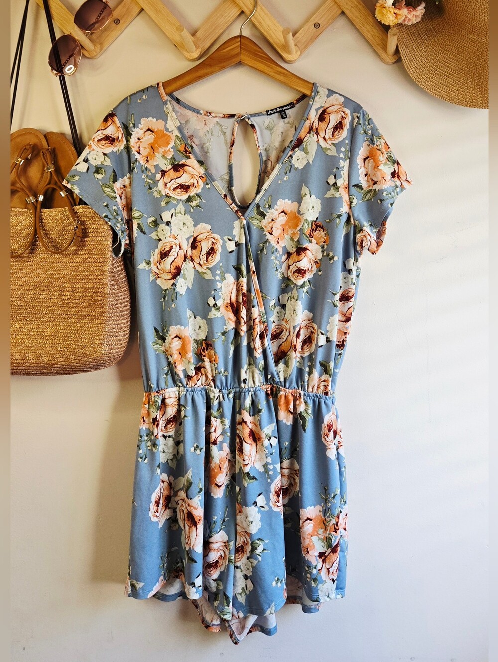 Charlotte Russe Blue Floral V-Neck Short Sleeve Romper